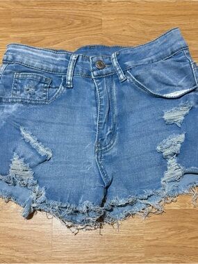 SHEIN Light Blue Distressed Denim Style Jean Shorts Women 2